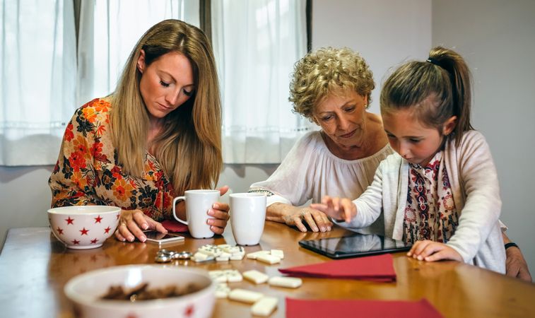 Three female generations using tablet and smartphone