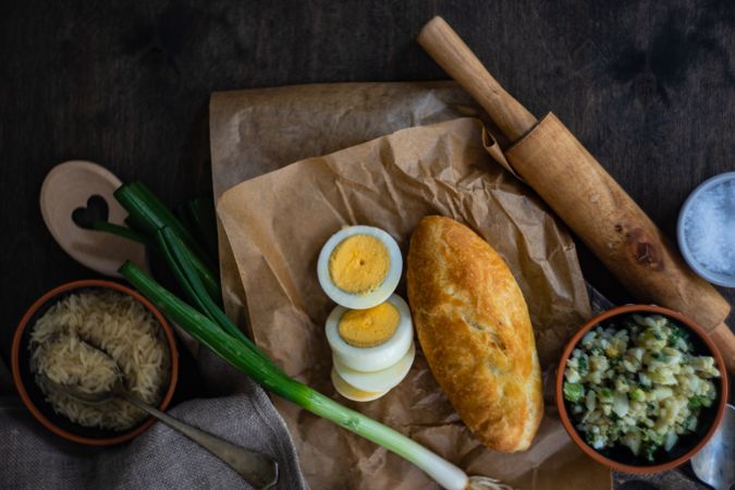 Traditional Georgian pies with eggs, rice and green onion 