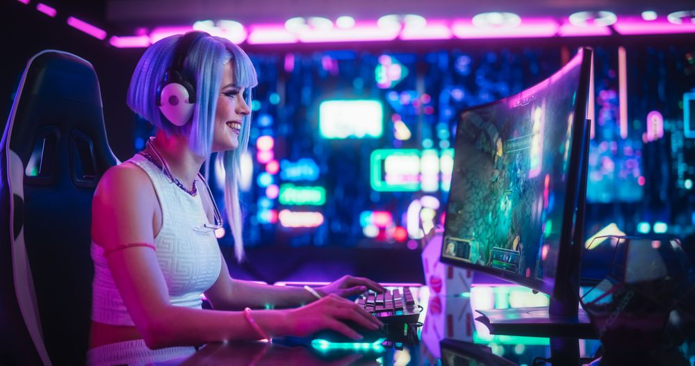 Young Woman Playing Online RPG Strategy Video Game on a Computer in a Futuristic Digital Space.