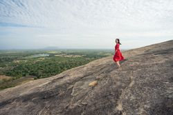 Tourist against solitary rock in middle of green forested plain under clear sky in summer