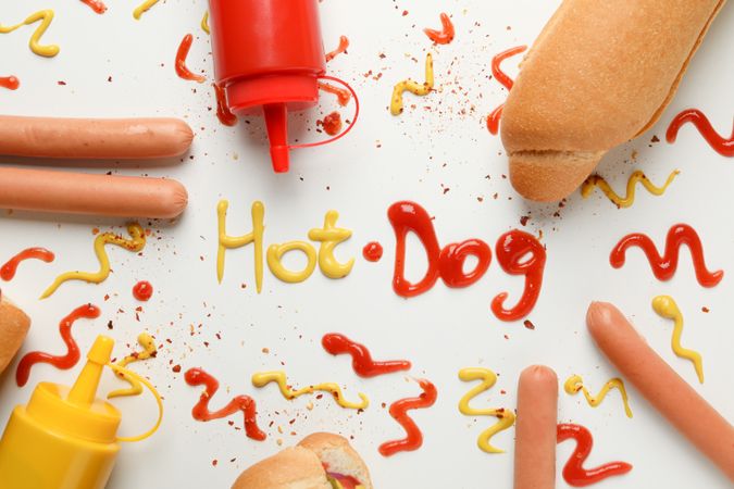 Inscription Hot dog and ingredients for hot dog on plain background