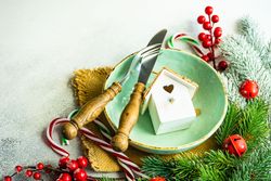 Top view of bird house ornament in green wintry plate