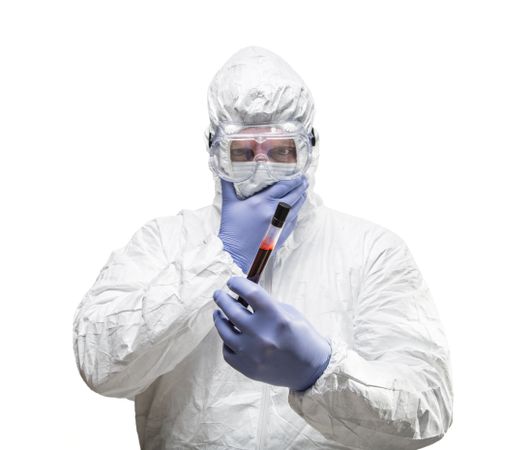 Man Wearing HAZMAT Protective Clothing Holding Test Tube Filled With Blood Isolated On A White Background.
