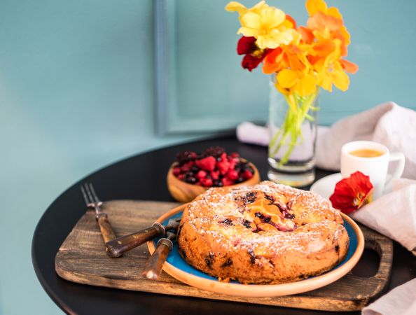 Freshly baked fruit cake served with coffee