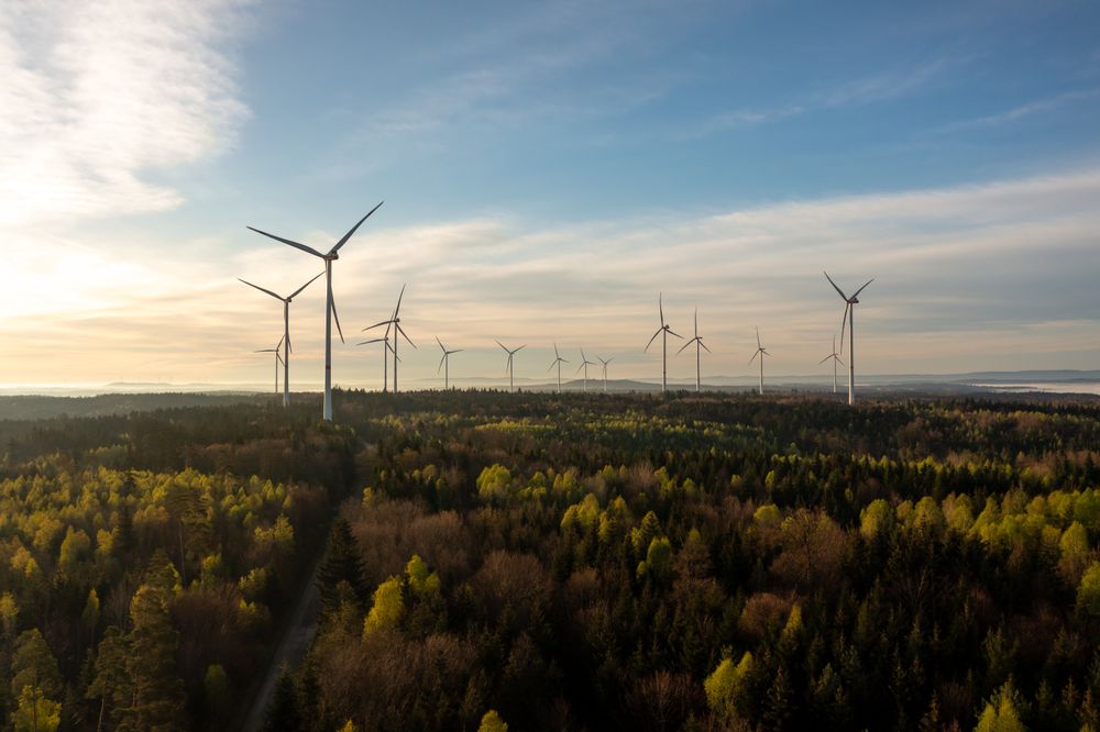 German wind turbine farm inside a forest, drone aerial view
