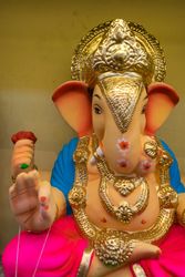 A beautiful idol of Lord Ganpati on display at a workshop in Mumbai, India for the festival of Ganesh Chaturthi