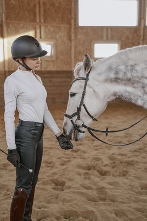 Rider with dapple gray horse in round arena