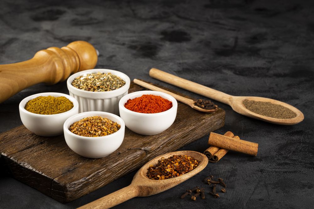 Variety of spices and seasonings on the table.