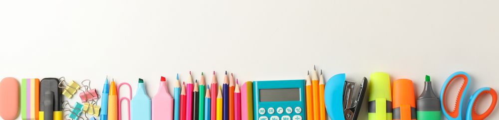 Frame of school supplies on blank background, space for text