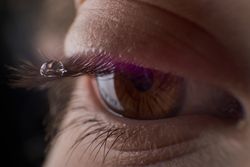 Eye of unrecognizable kid with tear