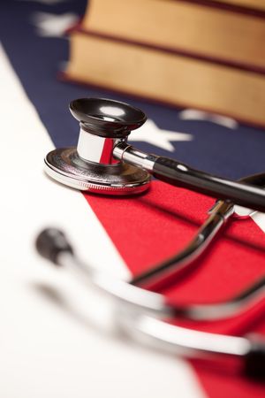 Stethoscope and Books on American Flag