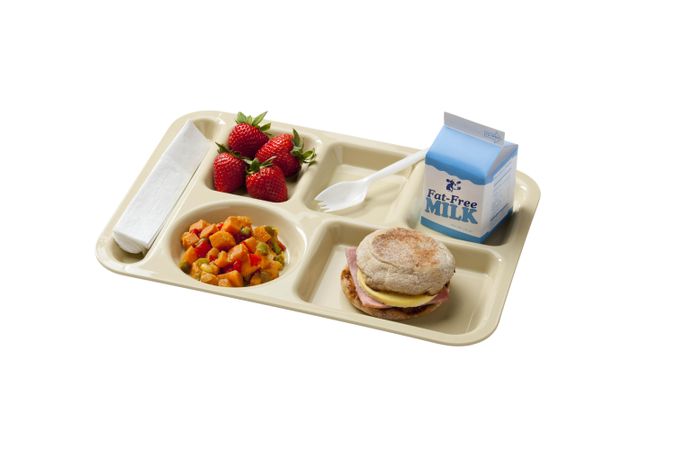 A school tray showing a reimbursable school breakfast for grades K through 12