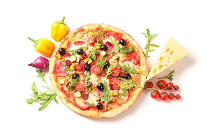 Tasty pizza and ingredients isolated on blank background