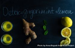 Chalkboard with detox drink ingredients with ginger, lemon and mint 42vJ14