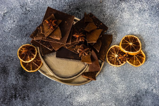 Chocolate bark with anise star spices and dried orange slices