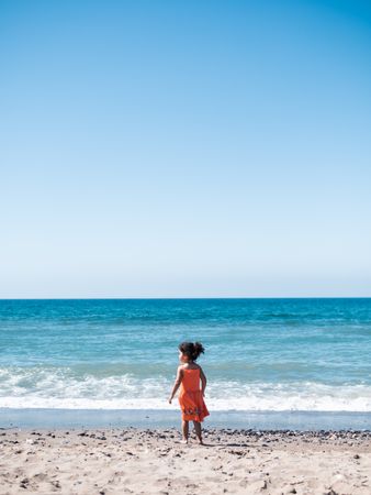 Little girl standing on beach and admiring view