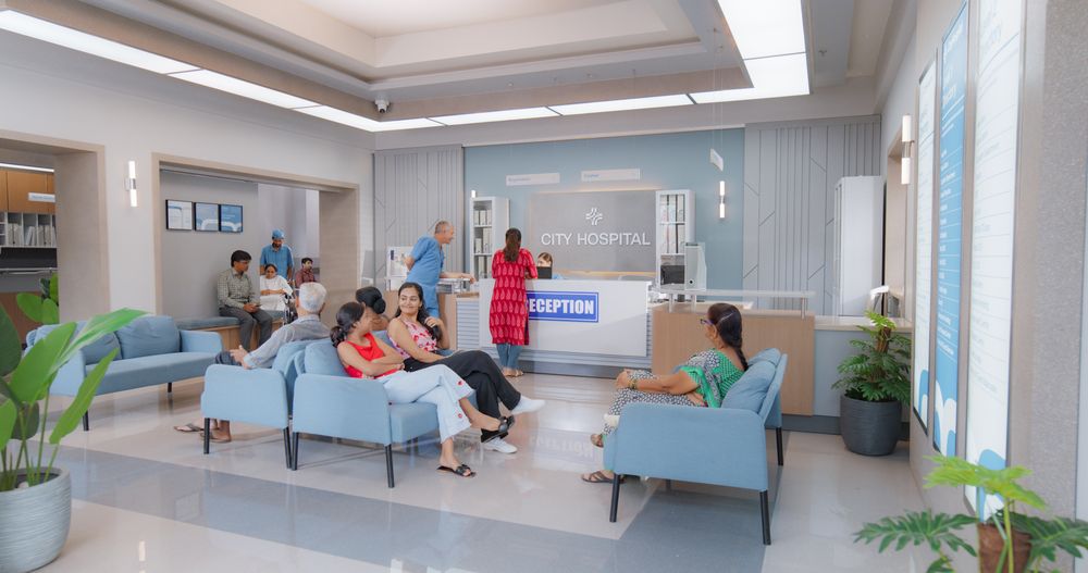 Establishing Shot of Indian Patients Waiting in Reception Hall in a Hospital.