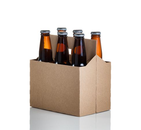 Six pack of glass bottled beer in generic brown cardboard carrier on bright background
