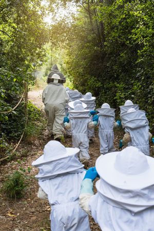Company of kids in protective costumes in apiary
