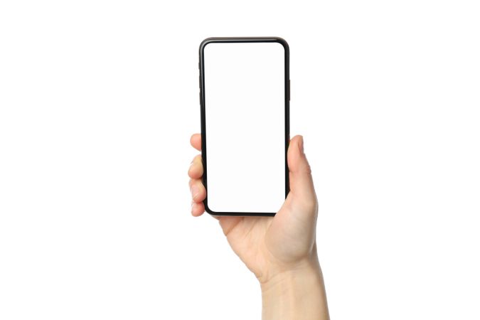 Female hand holding phone with empty screen, isolated on plain background