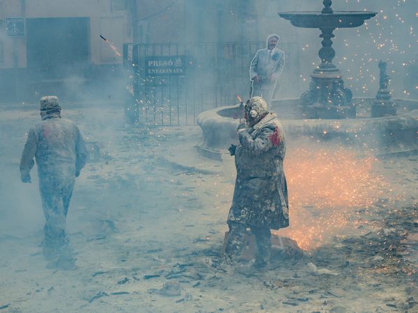 Ibi, Spain - December, 28 2018: People celebrating victory in flour and eggs battle