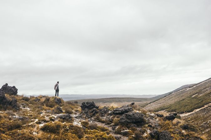 Tourist walking amid cliffs at New Zealand