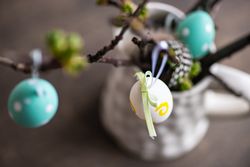 Close up of decorative eggs on branch in vase