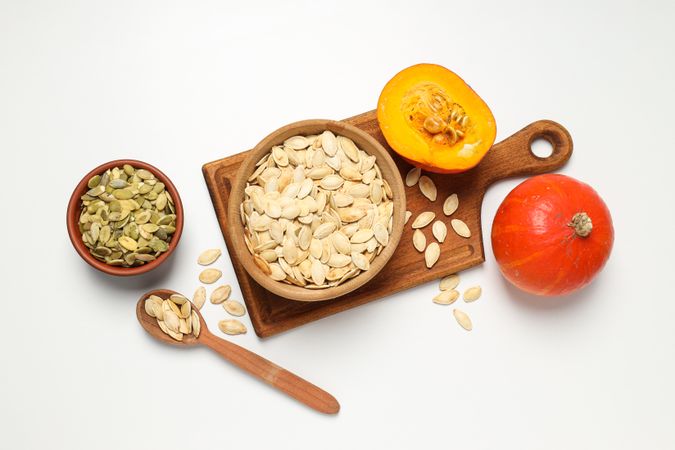 Cooking ingredients for fall season - pumpkin seeds, pumpkin
