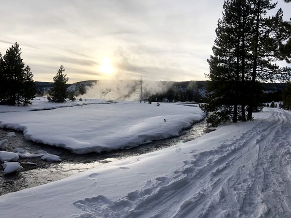 Golden Twilight: Snowy Landscape Illuminated by the Setting Sun on a Ski Trail