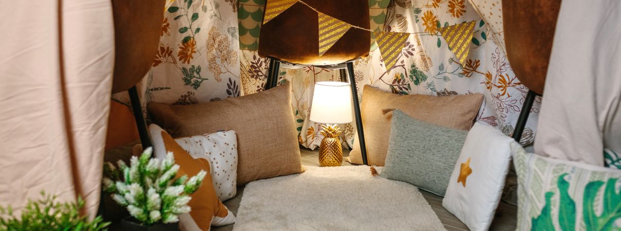 Interior of diy tent at home