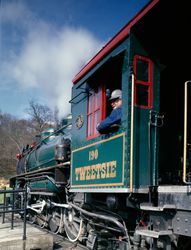 Engine and engineer of a Tweetsie Railroad steam-fired locomotive, Blowing Rock, North Carolina R0J7v5