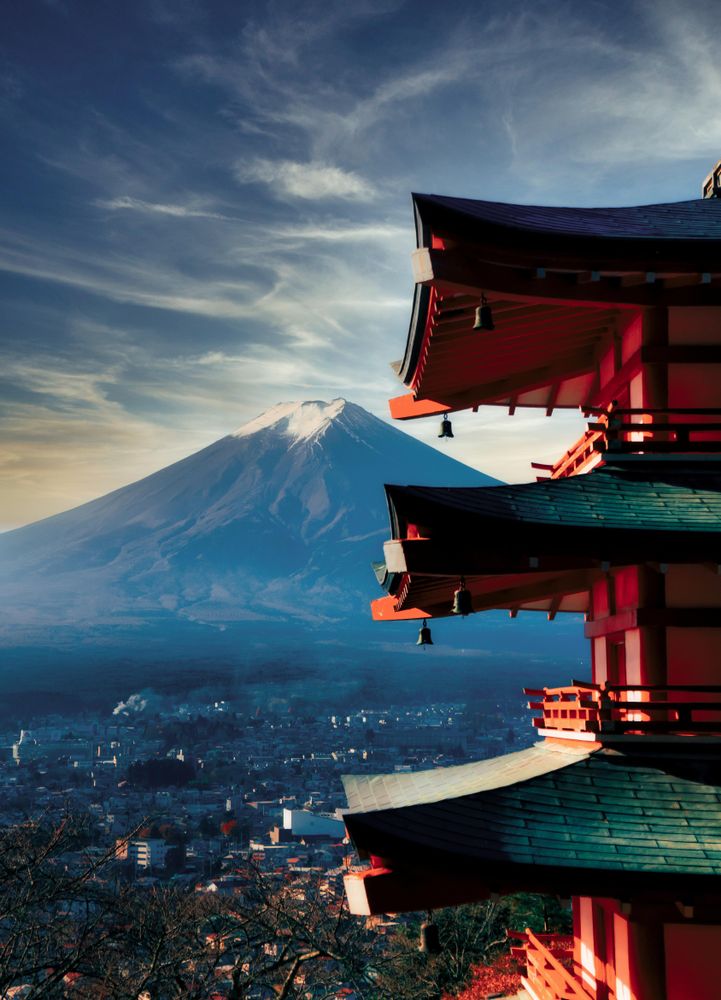 Red temple near Fuji mountain in Japan