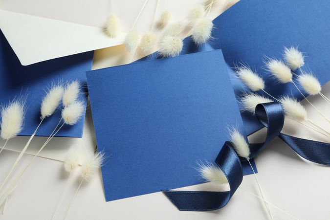 Blue square paper surrounded with willow and an envelope