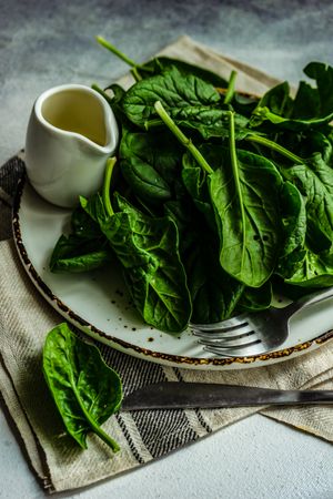Plate of fresh spinach salad served with oil dressing