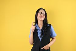 Young Asian Woman, Pointing Finger at Camera and Smiling, Choosing, Inviting People,
