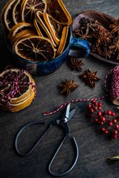 Blue mug with dried orange slices with anise star and holly