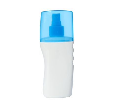 Sunscreen spray isolated on studio background. Summer vacation accessories