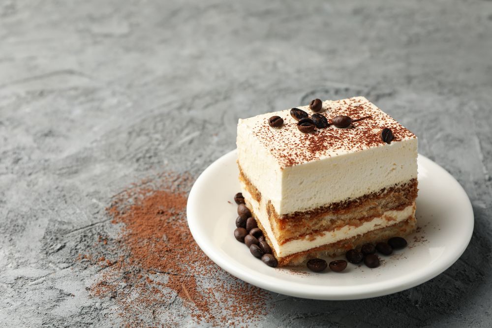 Composition with plate of tasty tiramisu on gray background