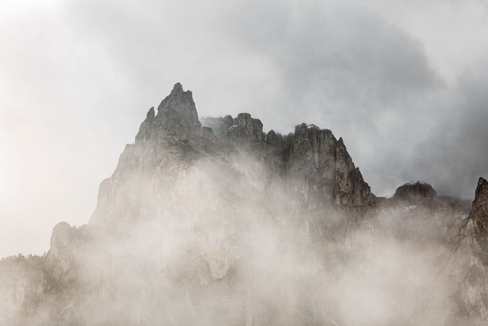 Big mountains near pine forest on cloudy weather