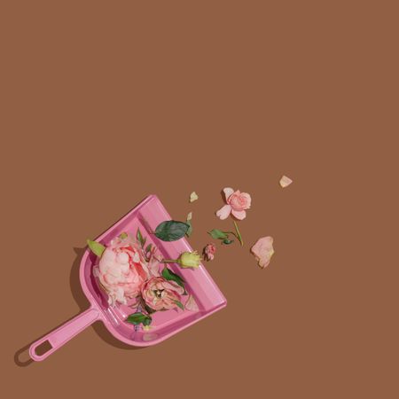 Pink dust pan with flowers and leaves on brown background