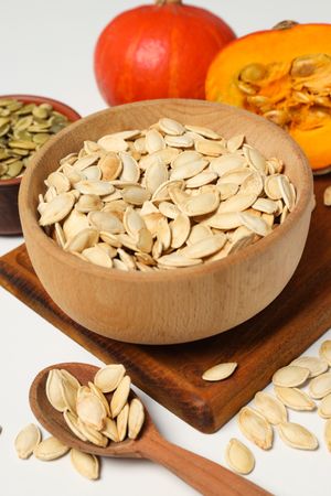 Concept of Autumn vibe food, Pumpkin, Pumpkin seeds