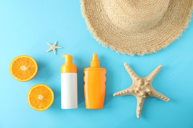 Summer vacation composition on color background. Top view, closeup