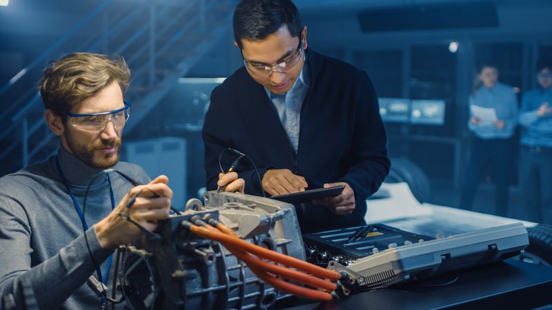 Two Professional Automotive Engineers with a Tablet Computer and Inspection Tools are Having a Conversation While Testing an Electric Engine in a High Tech Laboratory with a Concept Car Chassis.