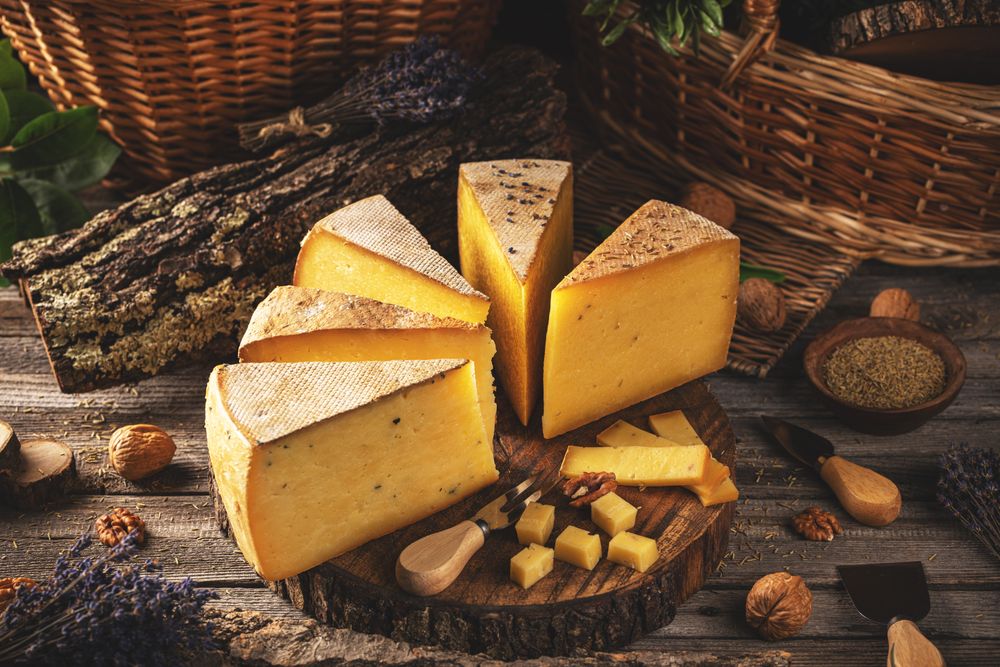 Board of various types of cheese
