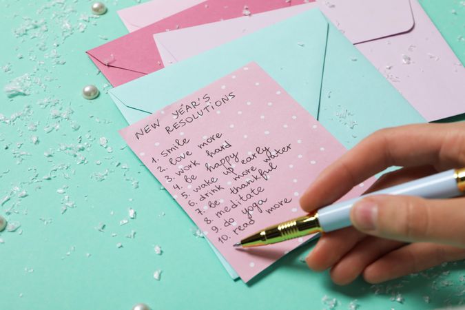 Concept of New Year Resolutions list, new year goals, close up