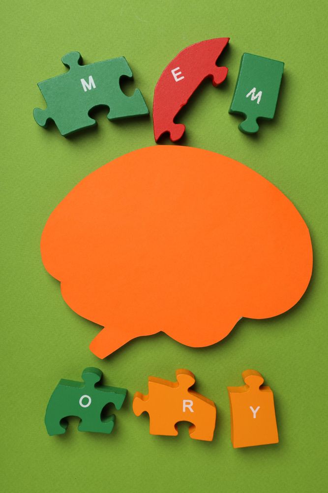 Paper cut out of brain with puzzle pieces on green background, copy space, vertical