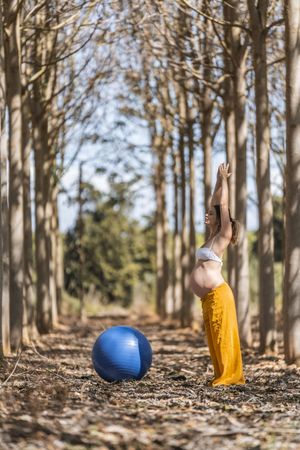 Adult pregnant woman training with pilates ball in park during sunny day