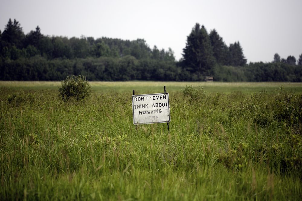 Don't Even Think About Hunting Here sign in Sax-Zim Bog in Meadowlands, Minnesota