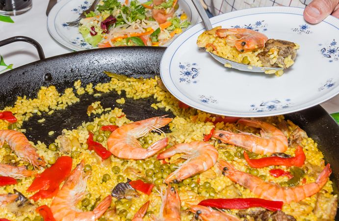 Traditional spanish paella cooked in a pan