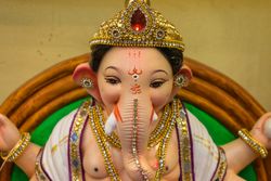 A beautiful idol of Lord Ganpati on display at a workshop in Mumbai, India for the festival of Ganesh Chaturthi